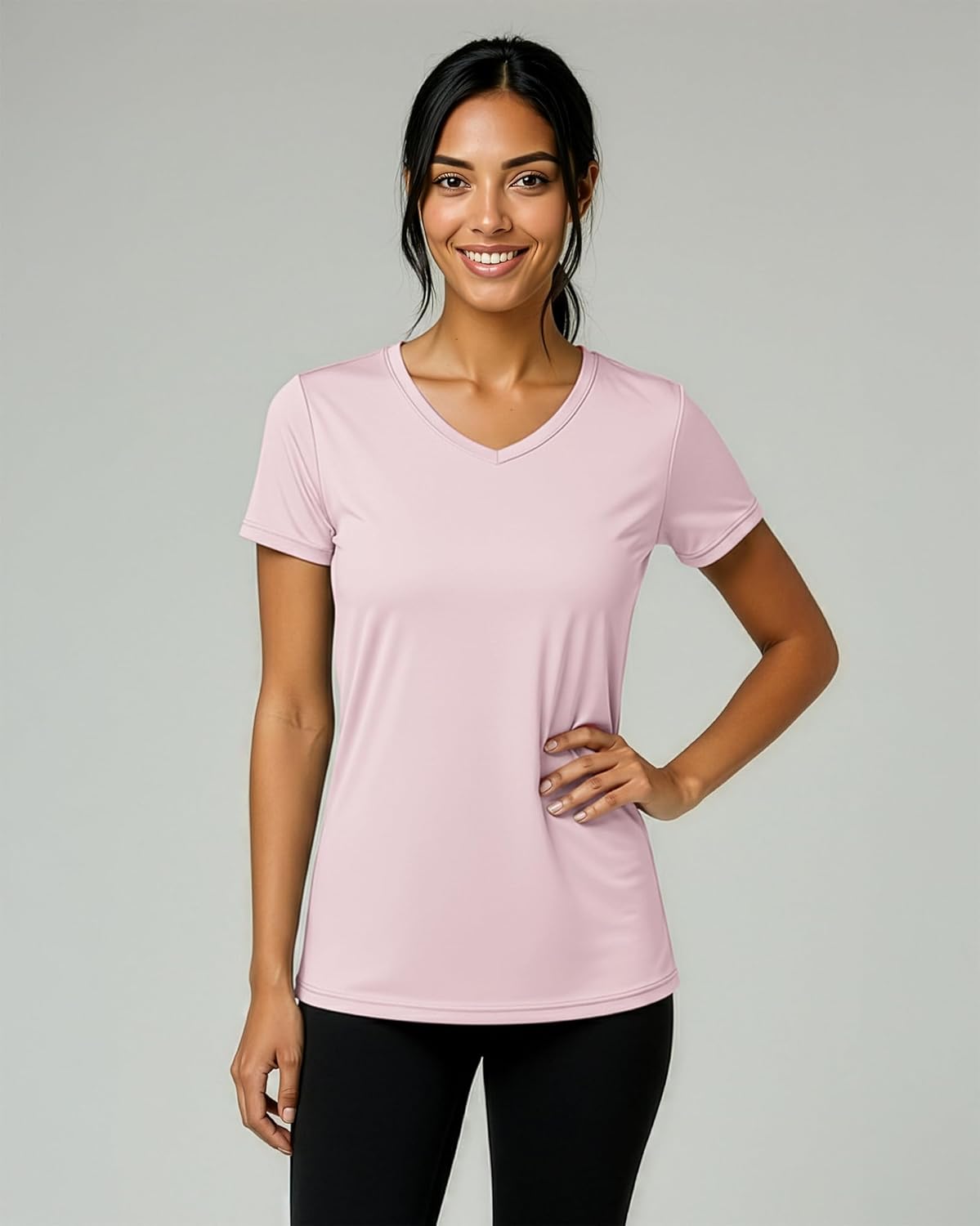 Real Essentials Women's Dry-Fit Short Sleeve V-Neck T-Shirt - 5 Pack Yoga & Workout Tops (Plus Size Available)