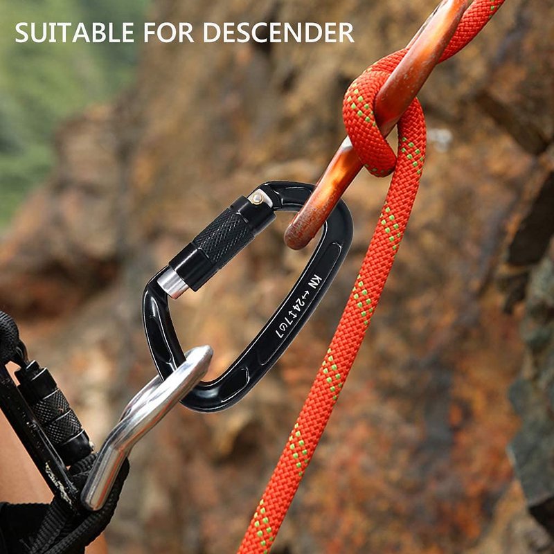 NewDoar 24KN Auto Locking Climbing Clips D-Shaped Heavy Duty for Camping, Hiking, Swing, Hammock(Black/2Pcs/24kn)
