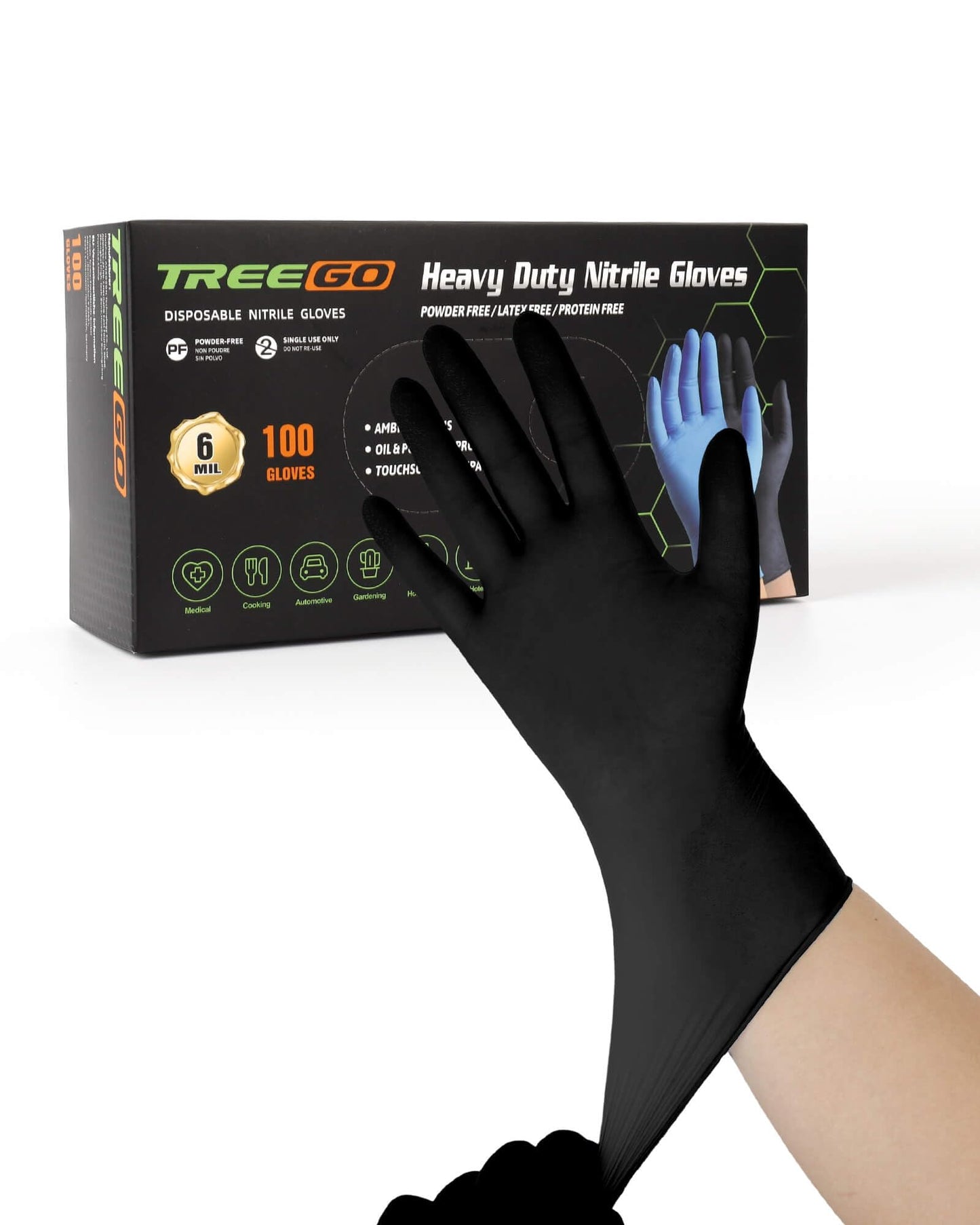 TREEGO 6 Mil Black Nitrile Gloves Large – Heavy Duty Disposable Latex & Powder Free, Chemical Resistant, Textured Grip for Industrial, Mechanic, Food Handling – 100 Count