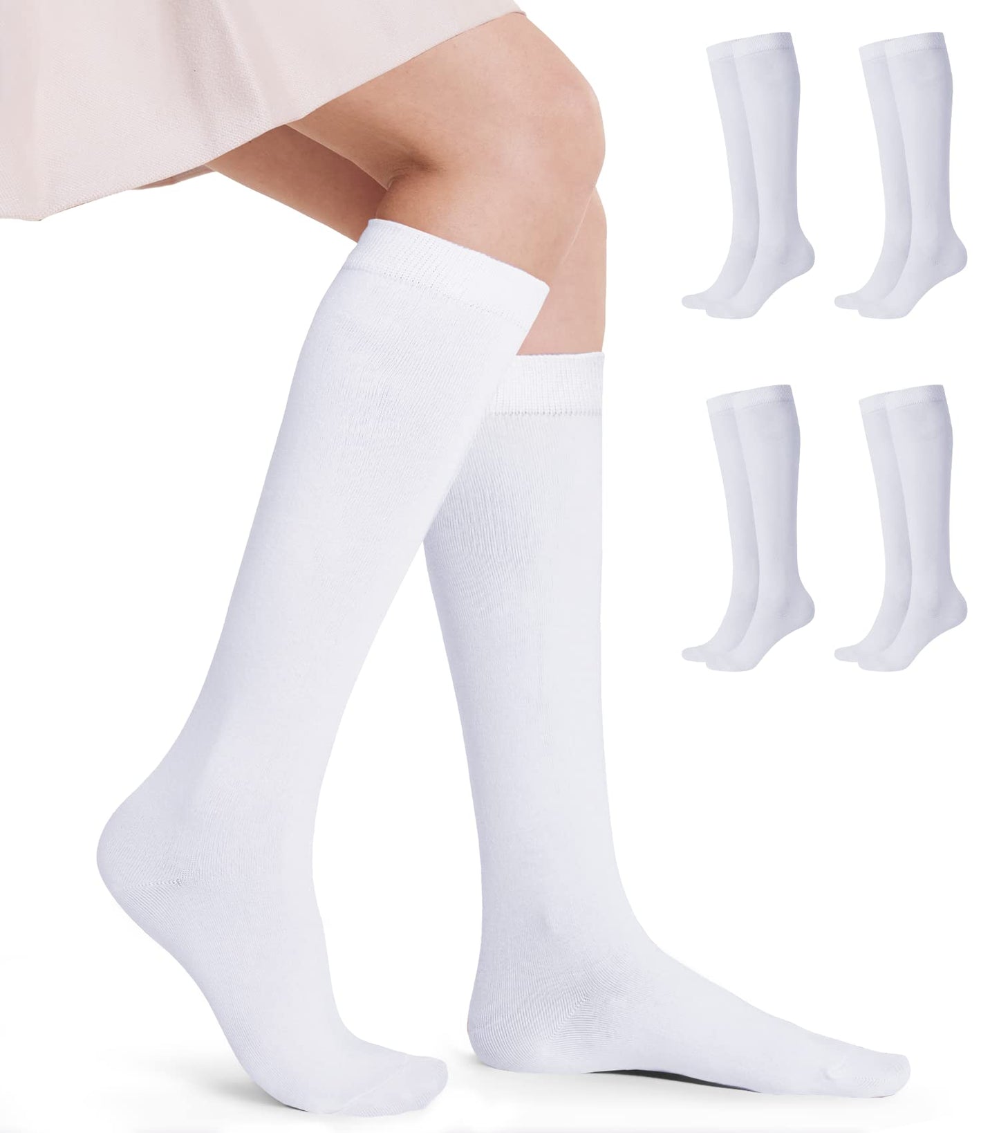 FITRELL 4 Pack Women's Knee High Socks Outdoor Sports Athletic Socks Casual Tube, White