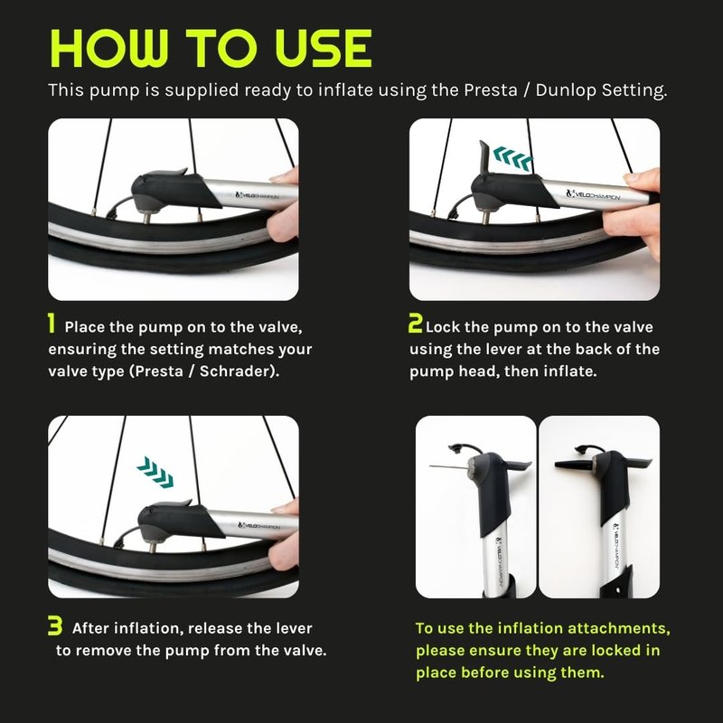 VeloChampion Alloy Mini Bike Pump Suitable for Presta, Schrader and Dunlop - Portable, Compact, Durable and Easy to Use