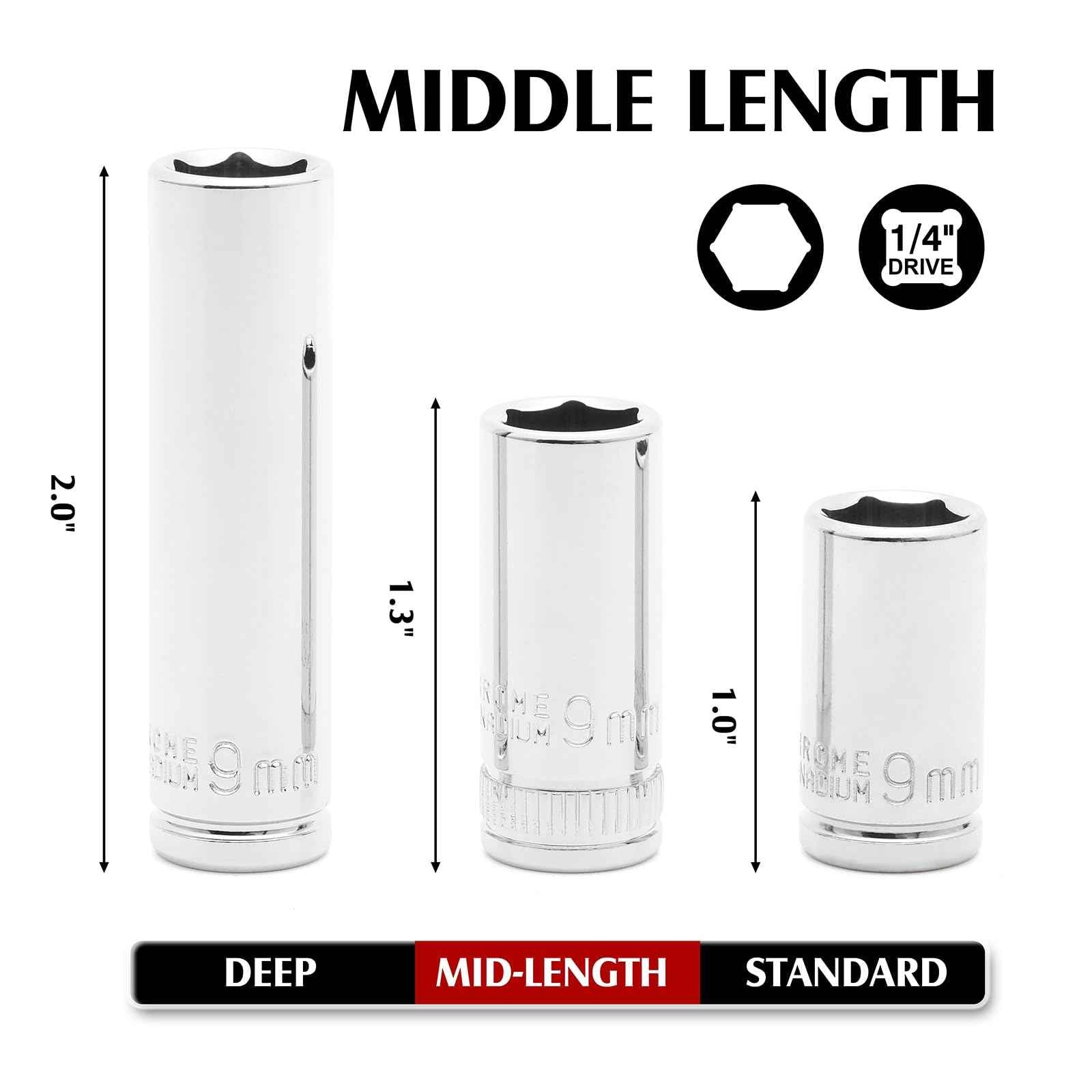 MIXPOWER 1/4" Drive Mid-Length Socket Set with Storage Rails, 13-Piece, 6 Point, 4-15mm, CR-V, Metric, Semi-Deep Socket Set