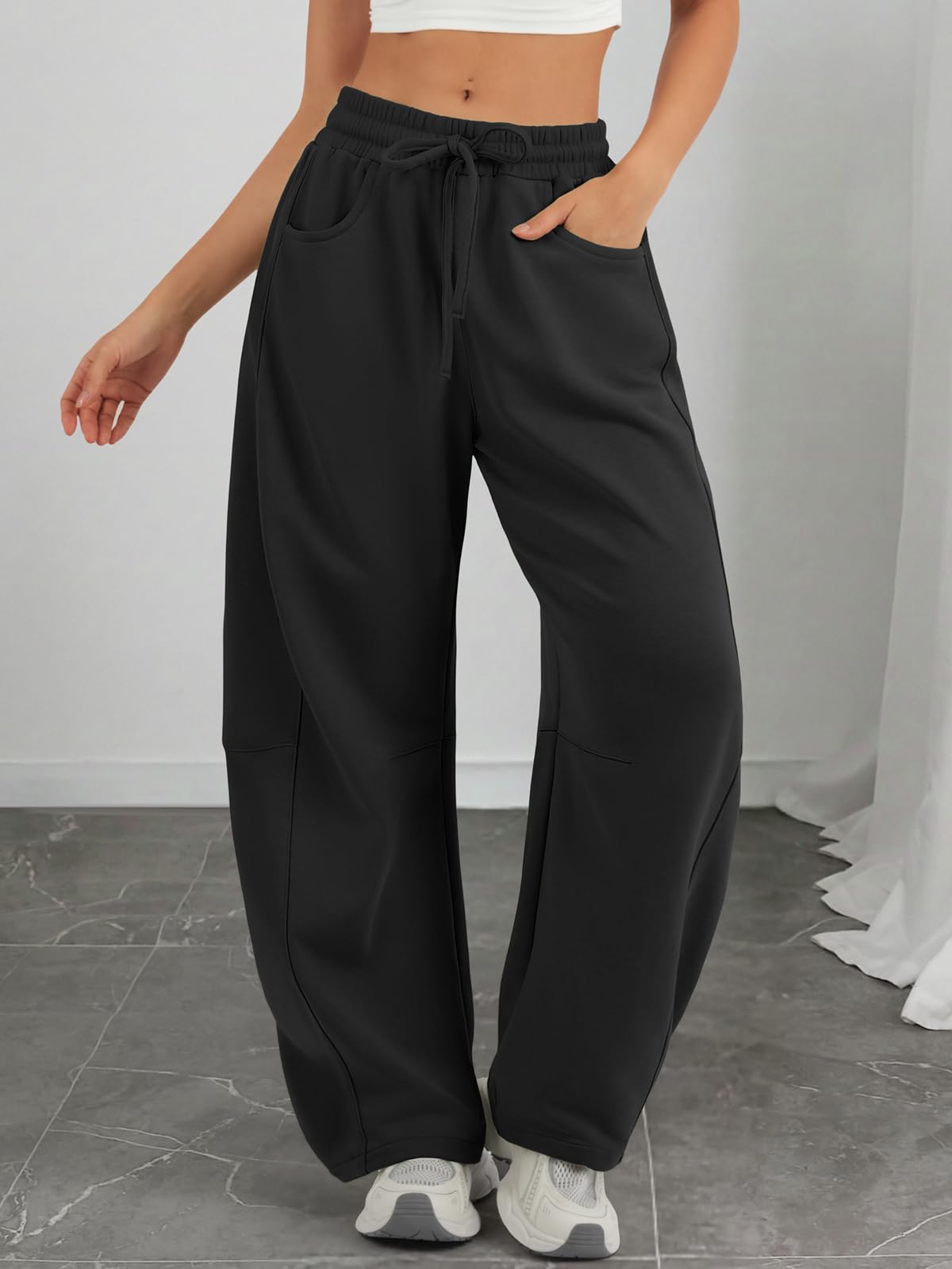 ATHMILE Barrel Sweatpants Women Fall Fashion Wide Leg Pants 2026 Baggy Lounge Comfy Flowy Sweat Pants with Pockets Teen Girl Black