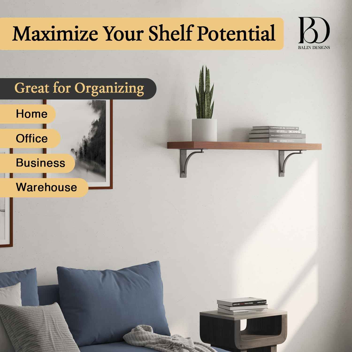 Heavy Duty 8-Inch Black Shelf Brackets - Wall Mounted L Bracket Set of 4 with Hardware