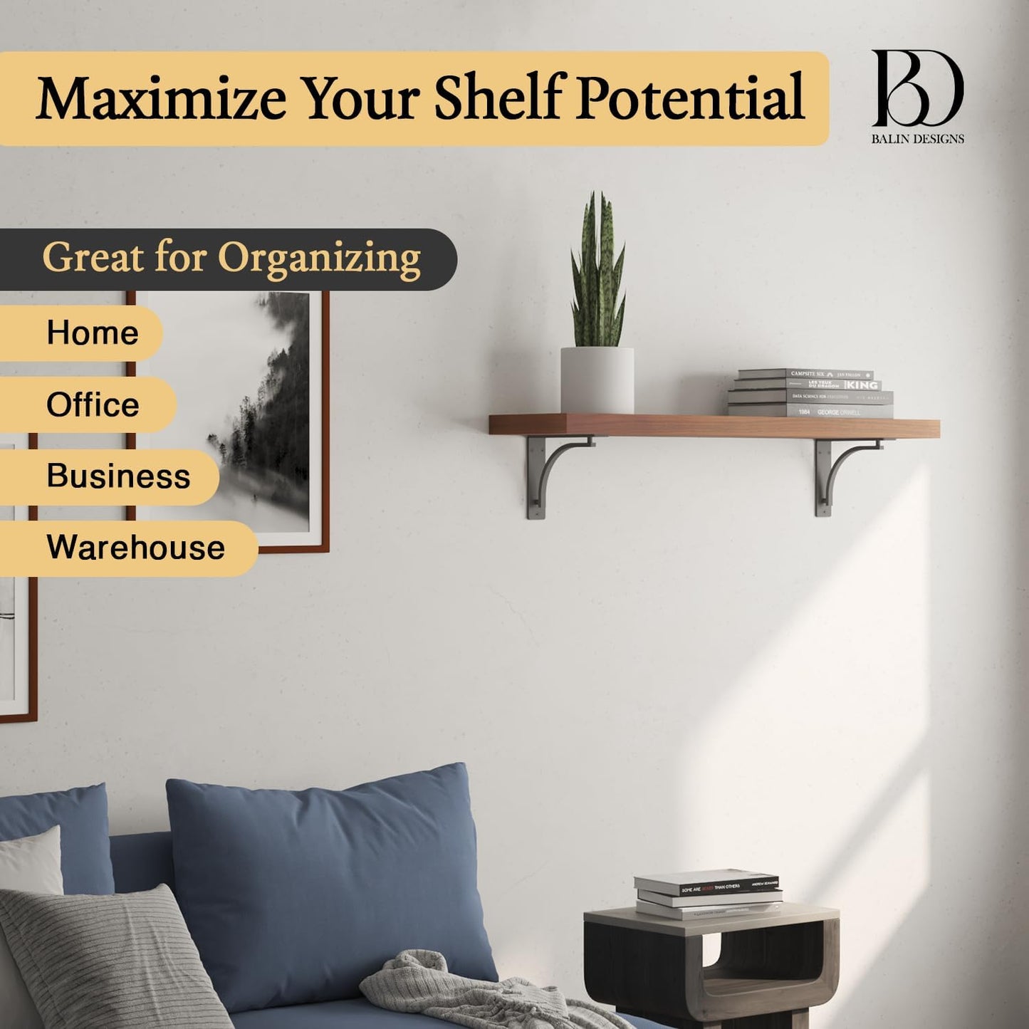 Heavy Duty 8-Inch Black Shelf Brackets - Wall Mounted L Bracket Set of 4 with Hardware