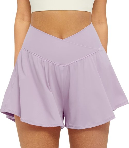 FireSwan Women's Crossover Athletic Shorts - 2 in 1 Flowy Running Shorts with Pockets | Spandex Butterfly Design