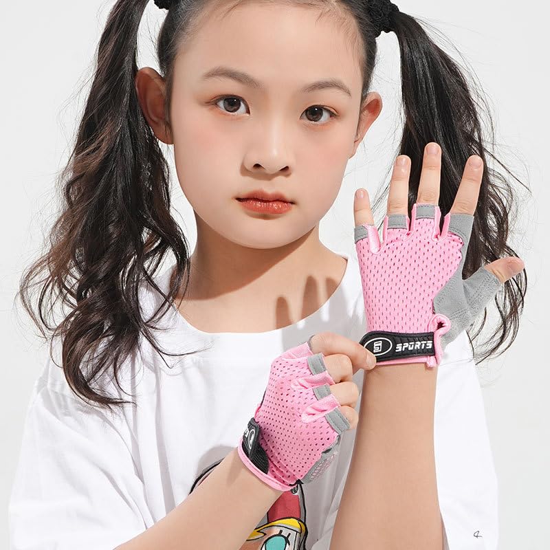 Kids Fingerless Cycling Gloves - Non-Slip for Ages 3-8 - Pink