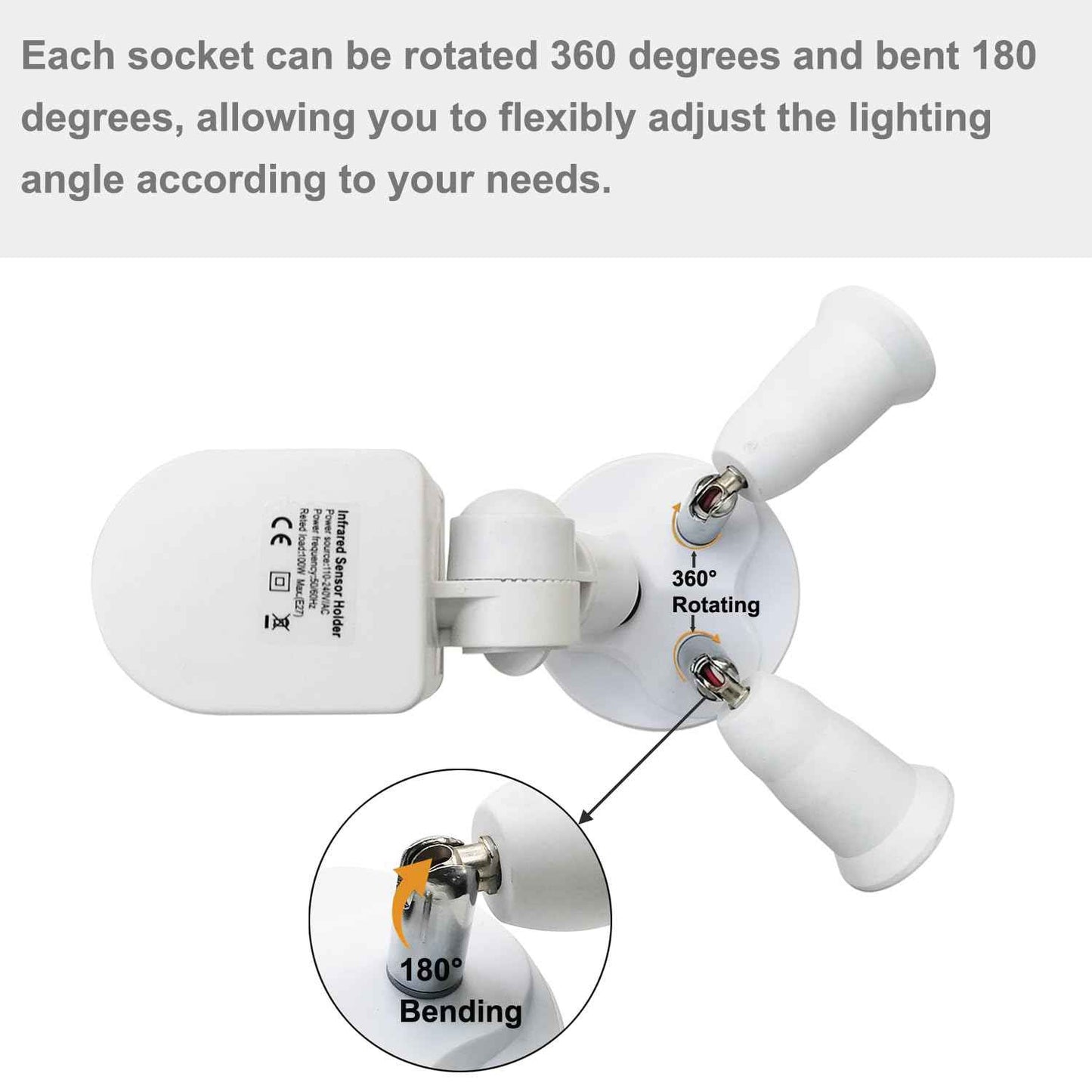 2 in 1 Light Socket Extender with Motion Sensor,Auto On/Off Motion Activated Light Sockets,E26/E27 to 2 Bulb Adapter,360 Degree Rotating 180 Degree Bending Indoor for Garage Basement(2 Pack)