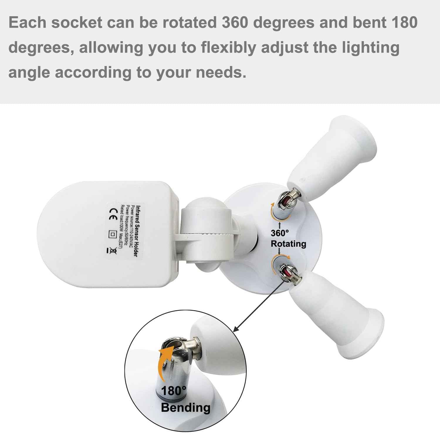 2 in 1 Light Socket Extender with Motion Sensor,Auto On/Off Motion Activated Light Sockets,E26/E27 to 2 Bulb Adapter,360 Degree Rotating 180 Degree Bending Indoor for Garage Basement(2 Pack)