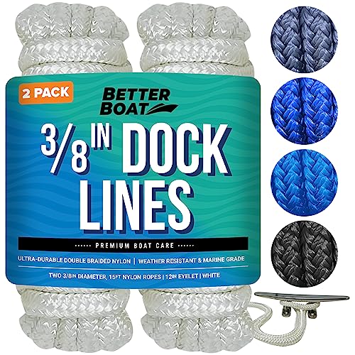 Better Boat 3/8" x 15 ft Dock Lines - White, 2 Pack | Double Braided Nylon