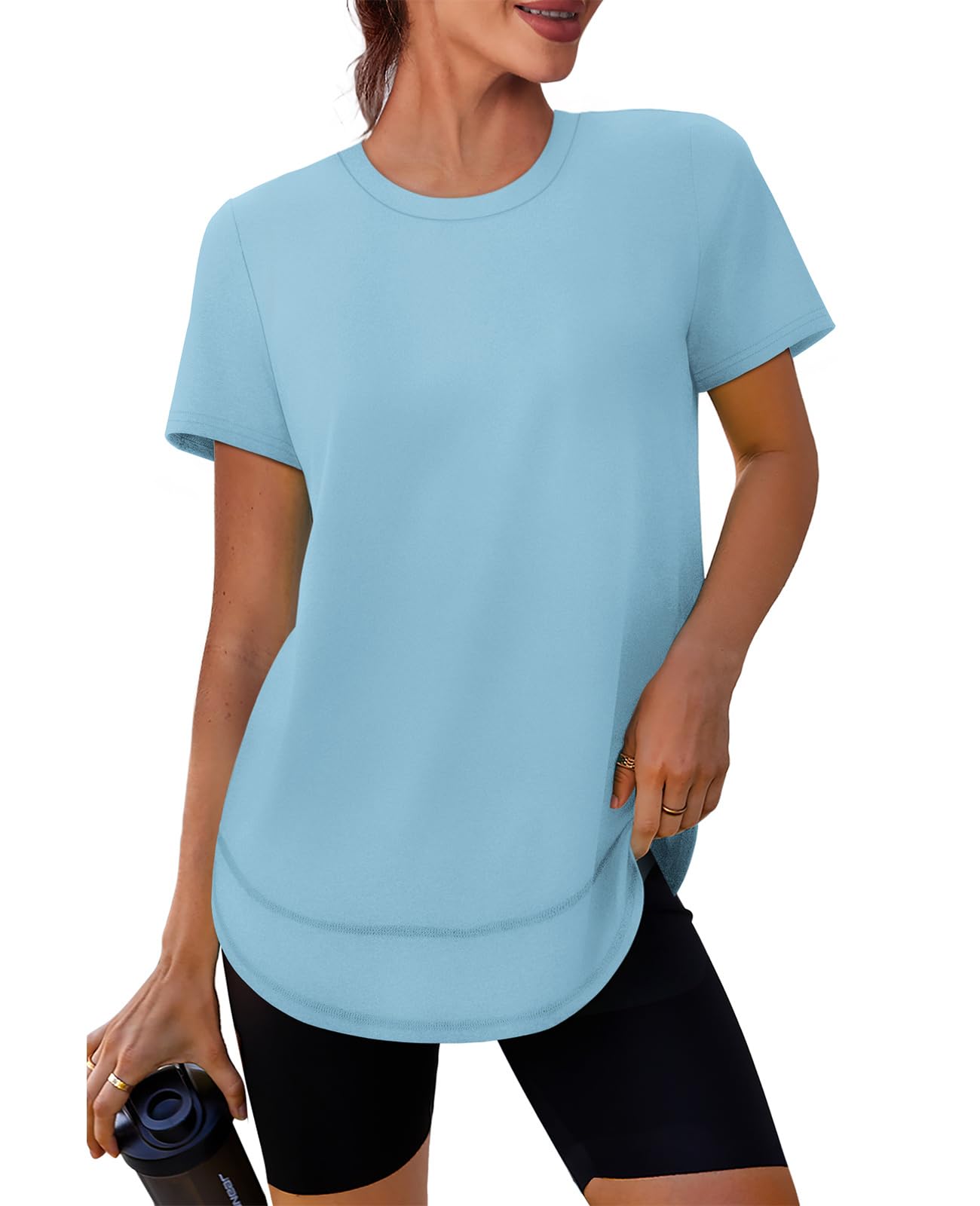 Short Sleeve Shirts for Women Workout Yoga Tops Sun Protection Clothing Summer Outfits Rash Guard Side Slit Blue XL