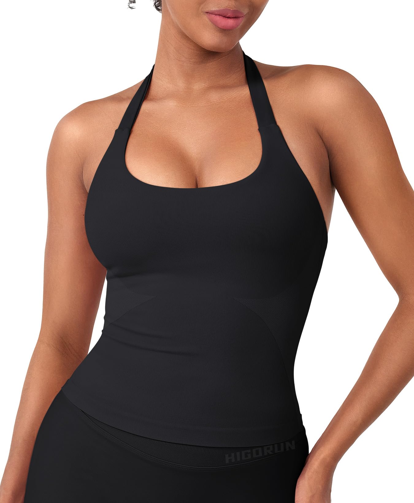 HIGORUN Halter Impact Tank Tops for Women Y2K Workout Longline Crop Tops with Built in Bras Open Back Going Out Gym Top Black