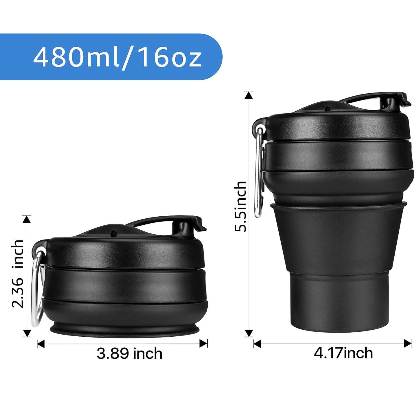 EASYXQ Collapsible Coffee Cup, 16 OZ 480ml Large Silicone Folding Camping Mug, Leak Proof BPA Free Portable, Travel Bottle with Lids for hiking, Microwave & Dishwasher Safe (Black)