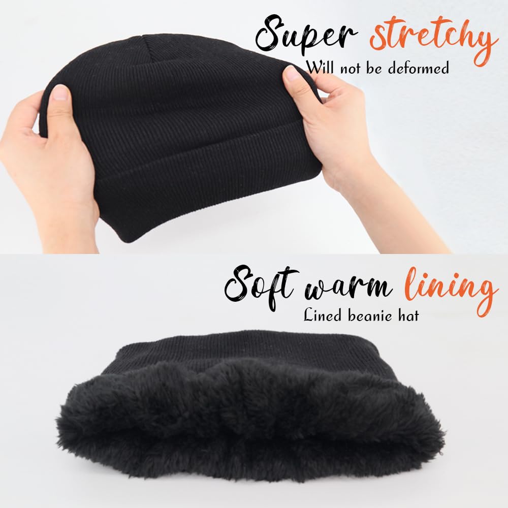 ZH 6 Pack Men's Winter Knit Beanies with Fleece Lining, Warm Stretchy Skull Caps for Cold Weather, Unisex Thermal Hats Black