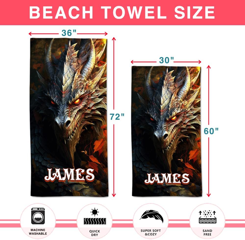 Personalized Dragon Beach Towel - Custom Black Dragon Design for Kids & Adults | Large Size