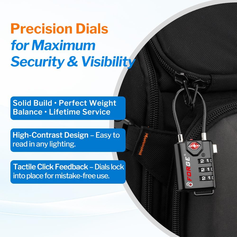 Skiennix TSA Approved Cable Luggage Locks - Re-settable Combination, Durable Alloy Body | Black, Set of 2