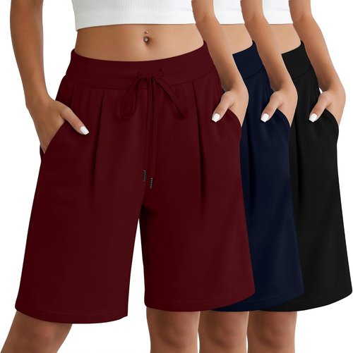 Locoowai Women's Bermuda Shorts - Casual Drawstring Athletic Yoga Shorts with Pockets | 3 Pack