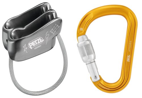 Petzl Verso Belay Device with Attache Screw-Lock Carabiner - Compact, Lightweight Belay Device, for One or Two Rope Strands While Climbing or Rappelling - Grey