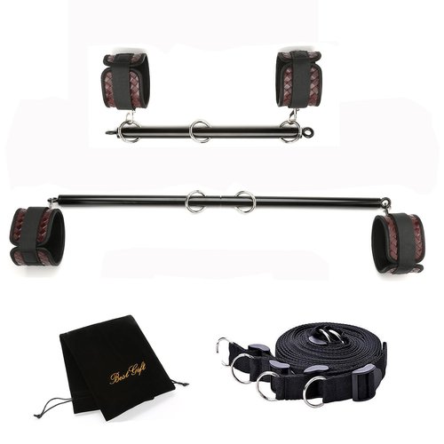 Expandable 2 Black Metal Spreader Bar Set Home Gym with 4pcs PU Brown Adjustable Straps,Sports Aid Training Fitness Gear Pilates Aid Kit,Gym Kit