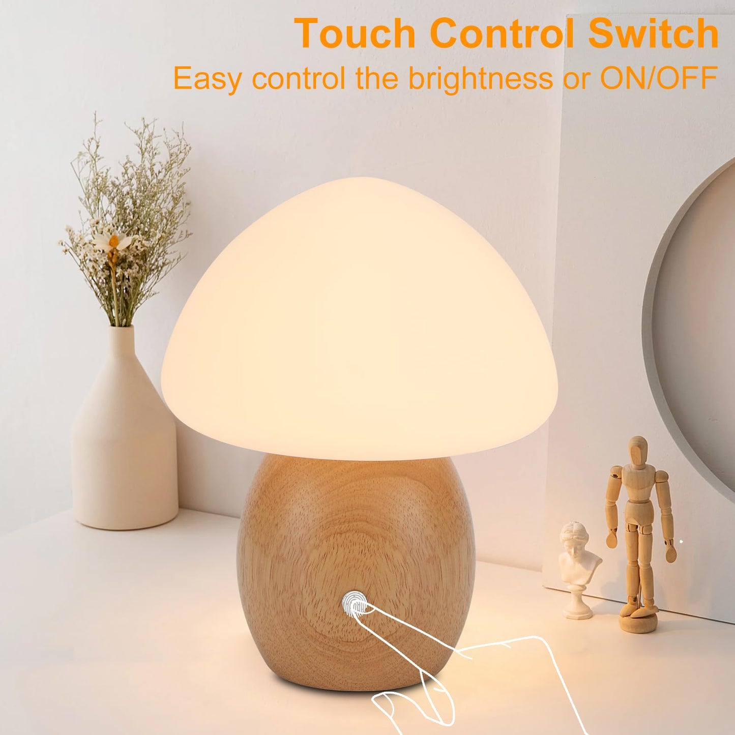 BNYFDC Mushroom Lamp with Touch Control Switch, Small Wooden Table Lamp with Glass Shade, 3 Way Dimmable Nightstand Lamp for Bedroom, G9 LED Bulb Included (Nature Wood&White Shade)