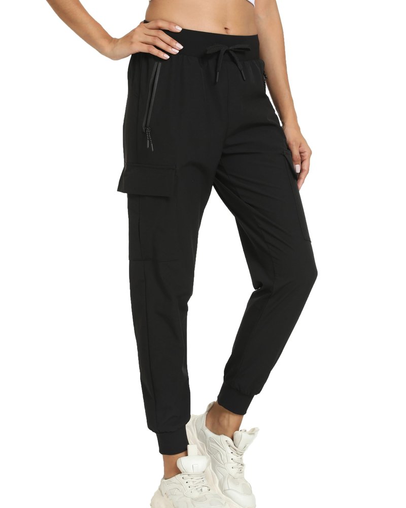 Women's Joggers with Pockets Lightweight - Water Resistant Quick Dry Cargo Athletic Pants for Hiking Running Camping Travel (Black, Large)