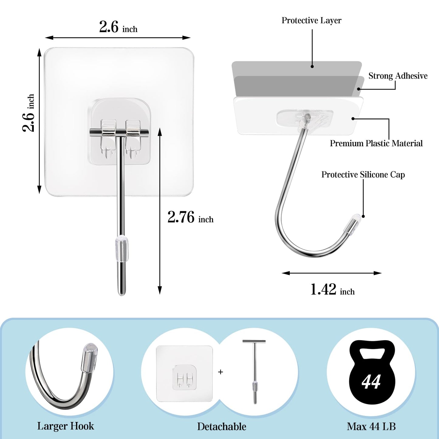 20 Pack Large Adhesive Hooks for Hanging Heavy Duty 44 lb(MAX) Christmas Fall Halloween Wreath Hangers Ornament Hooks Sticky for Wall No Damage Towel Picture Key Shower Siding Stocking Garland Strips