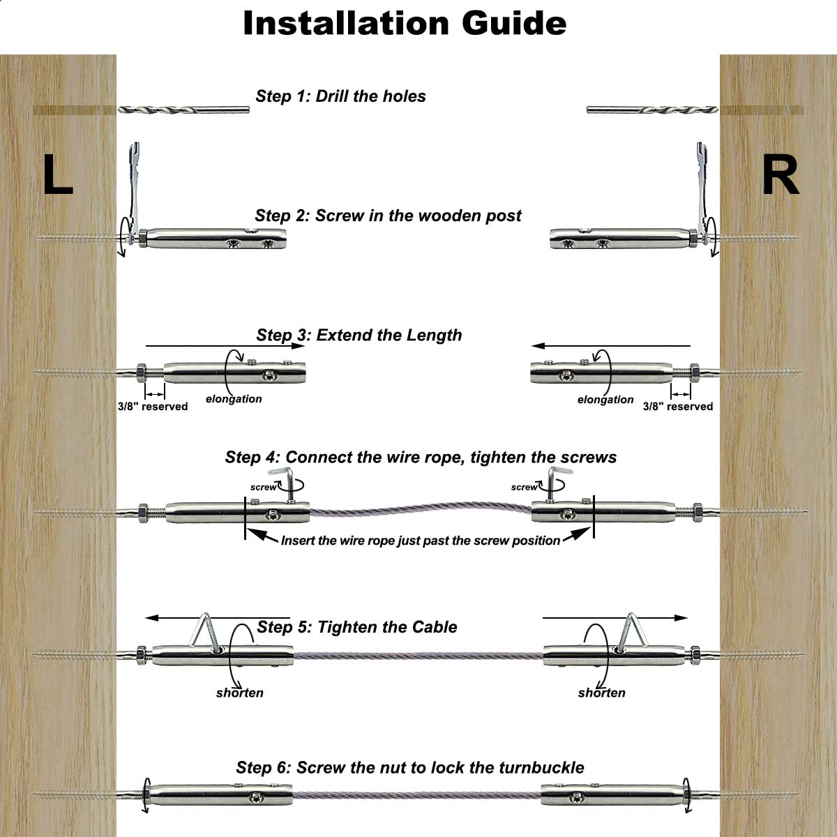 Iutuuk Swageless Tensioners for Wood Posts Cable Railing Hardware Kit, for 1/8 Stainless Steel Cable Rrailing System, Swageless Lag Screws Left & Right 10 Pairs