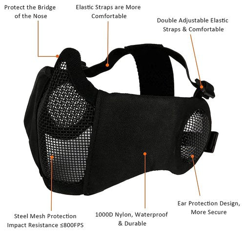 AOUTACC Airsoft Protective Gear Set, Half Face Mesh Mask with Ear Protection and Tactical Goggles for Kid Adult Men Women BBS Paintball Shooting CS Survival Games Cosplay (Black)