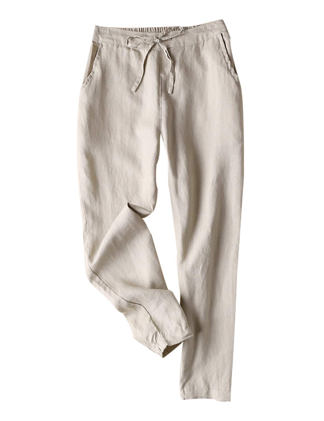 Tanming Linen Pants for Women Summer Casual High Waisted Drawstring White Beach Pant (Khaki, M)