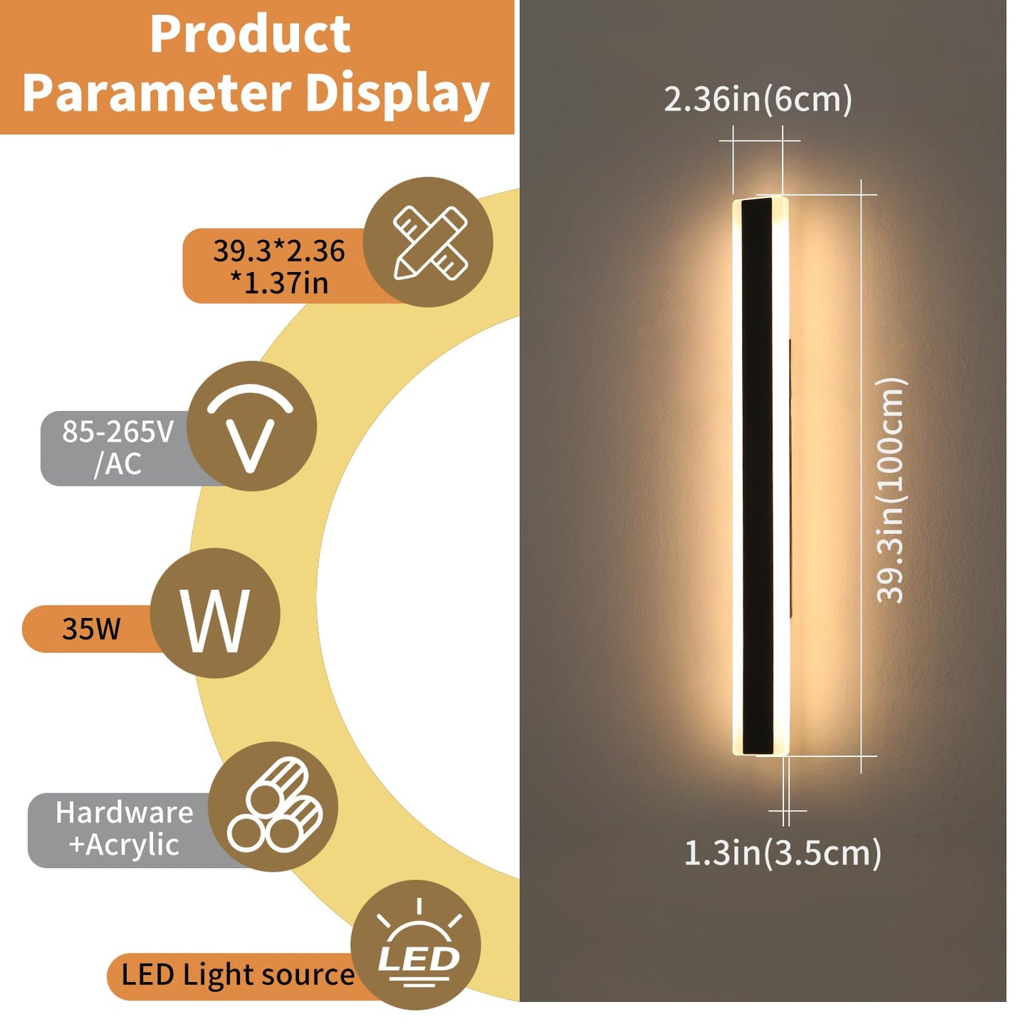 39inch Outdoor Wall Lights, Modern Outdoor Lights for House, 3000K Warm White, IP65 Waterproof, Black Linear Wall Lights Fixture, Porch Light Wall Mounted Led Lighting for Patio, Shop, Garage