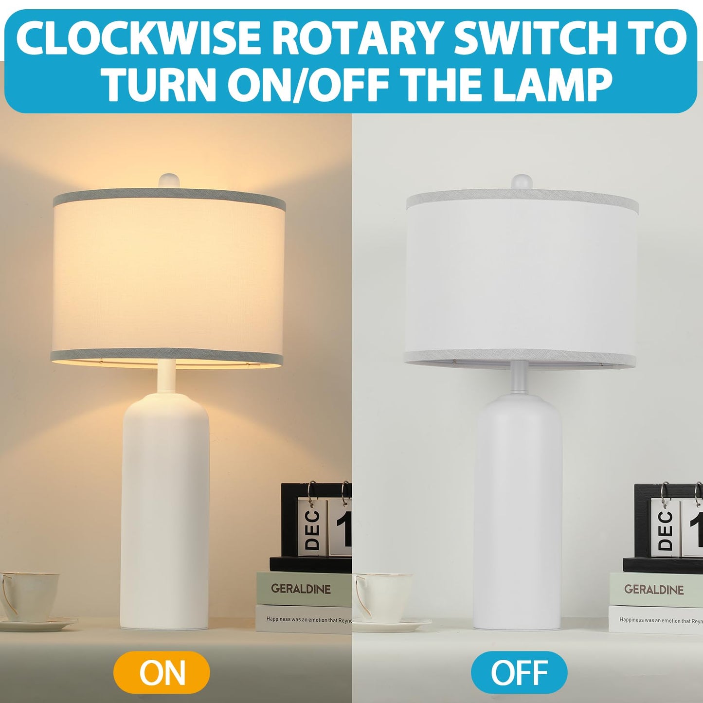 Ceramic Table Lamps Set of 2 for Bedroom Living Room, 24.8'' Modern Matte White Bedside Nightstand Lamp with Linen Drum Shade, Farmhouse Rustic Night Light Desk Decor for Kitchen Read Study Office