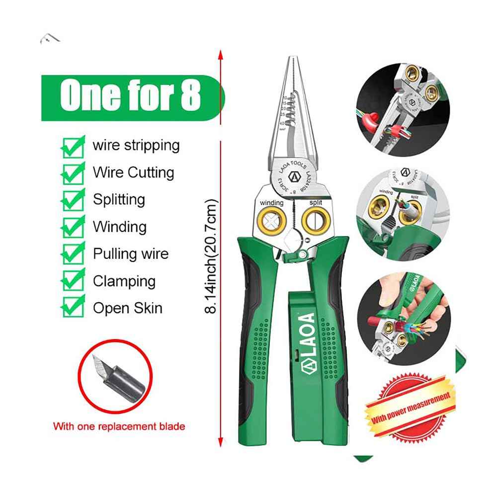 LAOA 8 in 1 Wire Stripper with Voltage Tester, Alarm & Flash Wire Crimper Stripper - Detects 12V-250V AC/DC (Non-Rectified DC) for Strip, Cut, Crimp, Split, Wrap, Slit, Pull