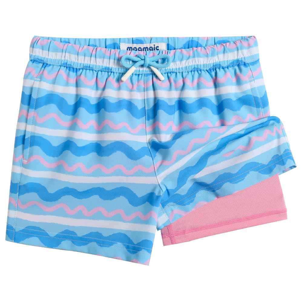 maamgic Boys Swim Trunks with Compression Liner Toddler Boy Swimsuit Quick Dry 4-Way Stretch Swimming Trunks Colorful Wave Line 2T