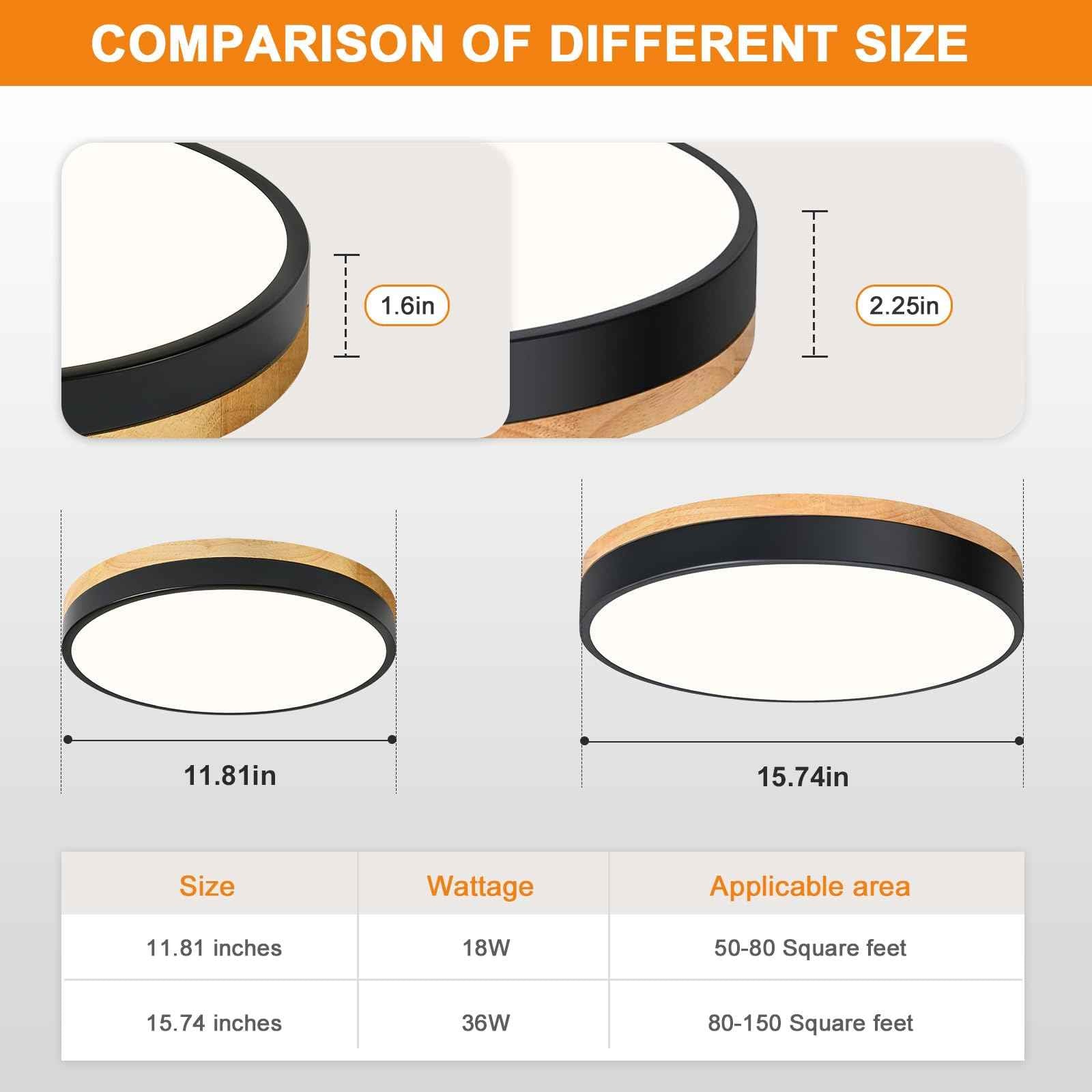 ZUYURT Wood LED Ceiling Light, Modern Black Flush Mount Ceiling Light, Minimalist Close to Ceiling Light Fixture for Bedroom, Hallway, Kitchen, Laundry Room, 11.81in