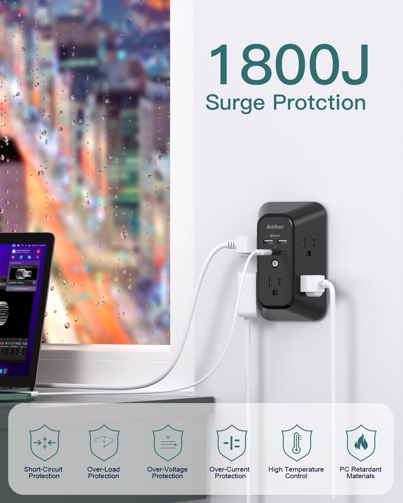 Surge Protector Outlet Extender, Addtam Multi Plug Wall Outlet with 4 USB Ports(2 USB-C), 3-Sided 1800J Power Strip Plug Extension Outlet Splitter, Black