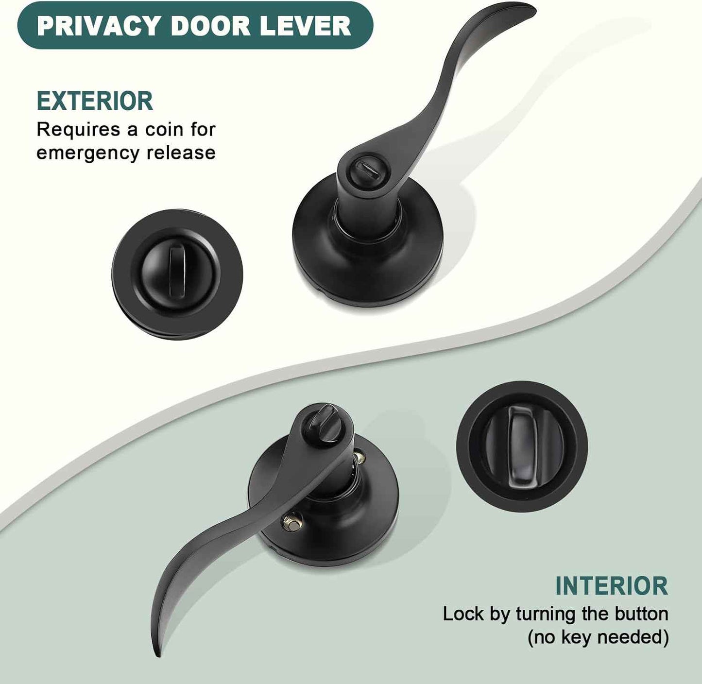Black Privacy Door Levers - 6 Pack Keyless Modern Wave Handles for Bedrooms
