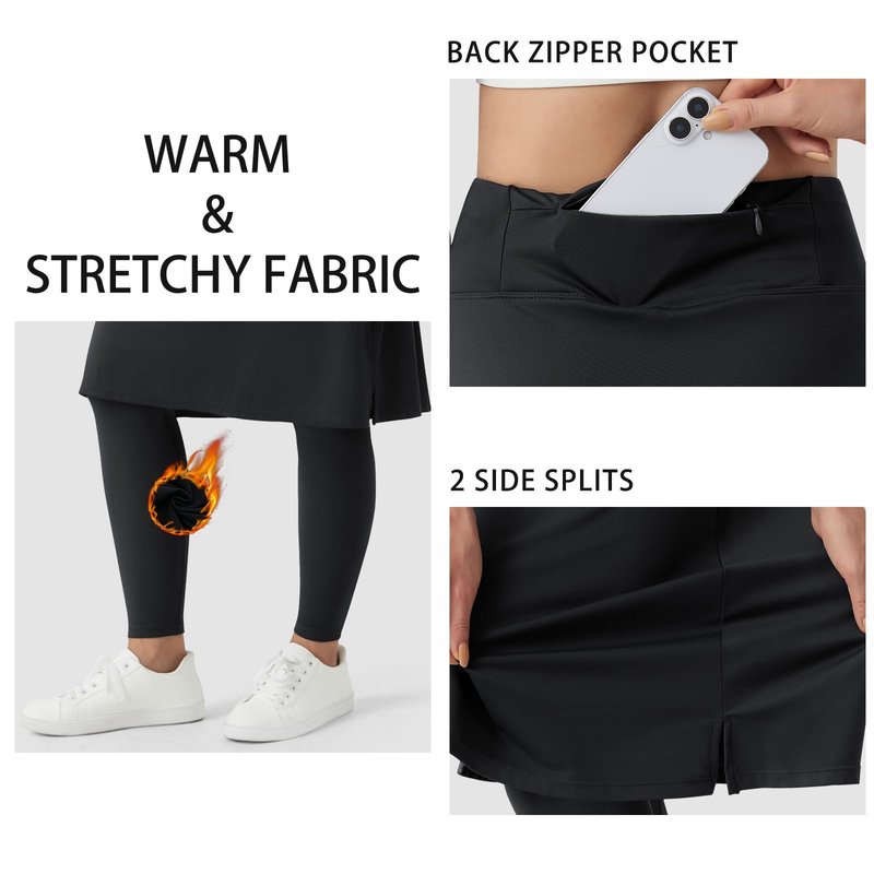 beroy Women Skirt with Fleece Full Leggings Modest Athletic Tennis Golf High Waist Skirted Capris Legging with Pockets Black L