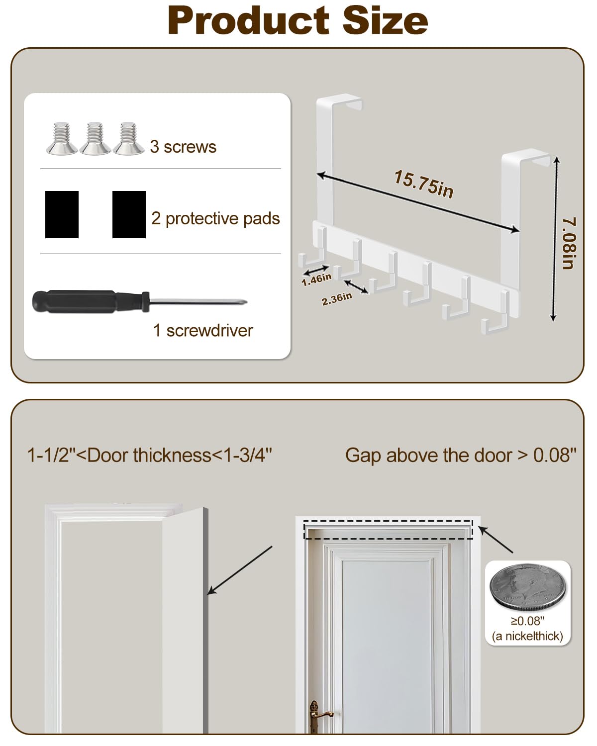Peasulin Over The Door Hooks, Sturdy Door Hanger, Large Over The Door Towel Rack with 6 Hooks, Heavy Duty Easy to Install, for Bathroom, Bedroom，Kitchen，Hanging Towels, Coats (White).