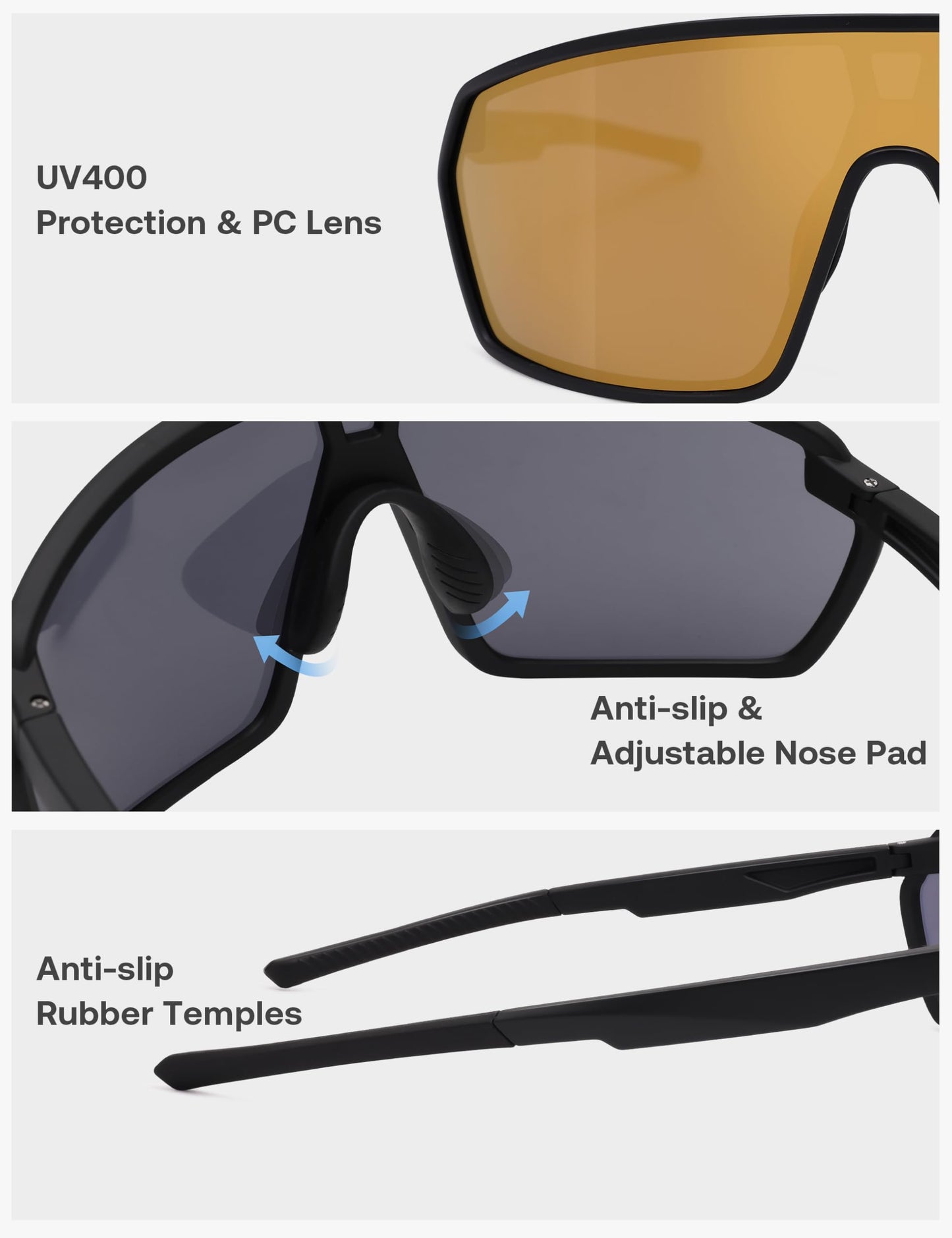 SOJOS Cycling Sport Glasses for Women Man, UV400 Protection Wrap Around Lightweight TR90 Frame Sunglasses, Glod Lens, SJ2353
