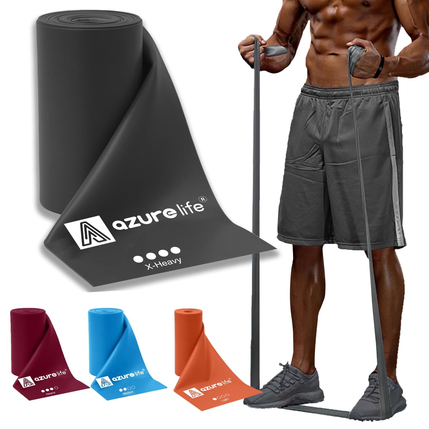 A AZURELIFE Professional Individual Exercise Resistance Bands, Single 5, 6,7 Ft or 8 Yards Elastic Bands, Non-Latex Stretch Bands for PT, Yoga, Pilates, Rehab, at-Home or The Gym Workouts