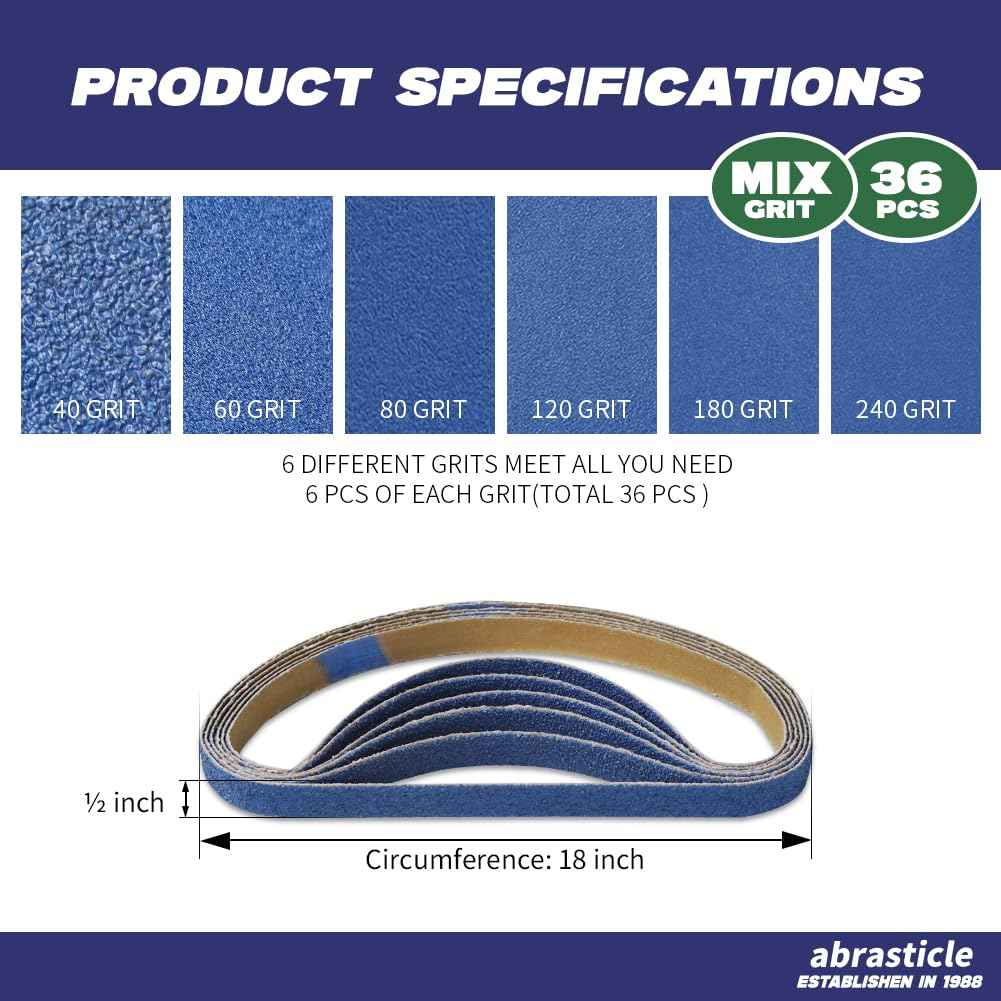1/2" x 18" Zirconia Sanding Belts for Metal, 1/2 x 18 Inch Zirconia Metal Grinding Sand Paper, 36 PCS 6 Each of 40/60/80/120/180/240 Assorted Grits, Perfect for Metal Polishing, Derusting, Woodworking
