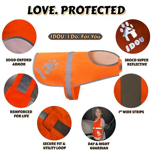 IDOU Reflective Dog Vest Plus, Enhanced 380CD Blaze Orange Safety Vest for Dogs, Adjustable for Walking, Jogging, Hunting - Size L