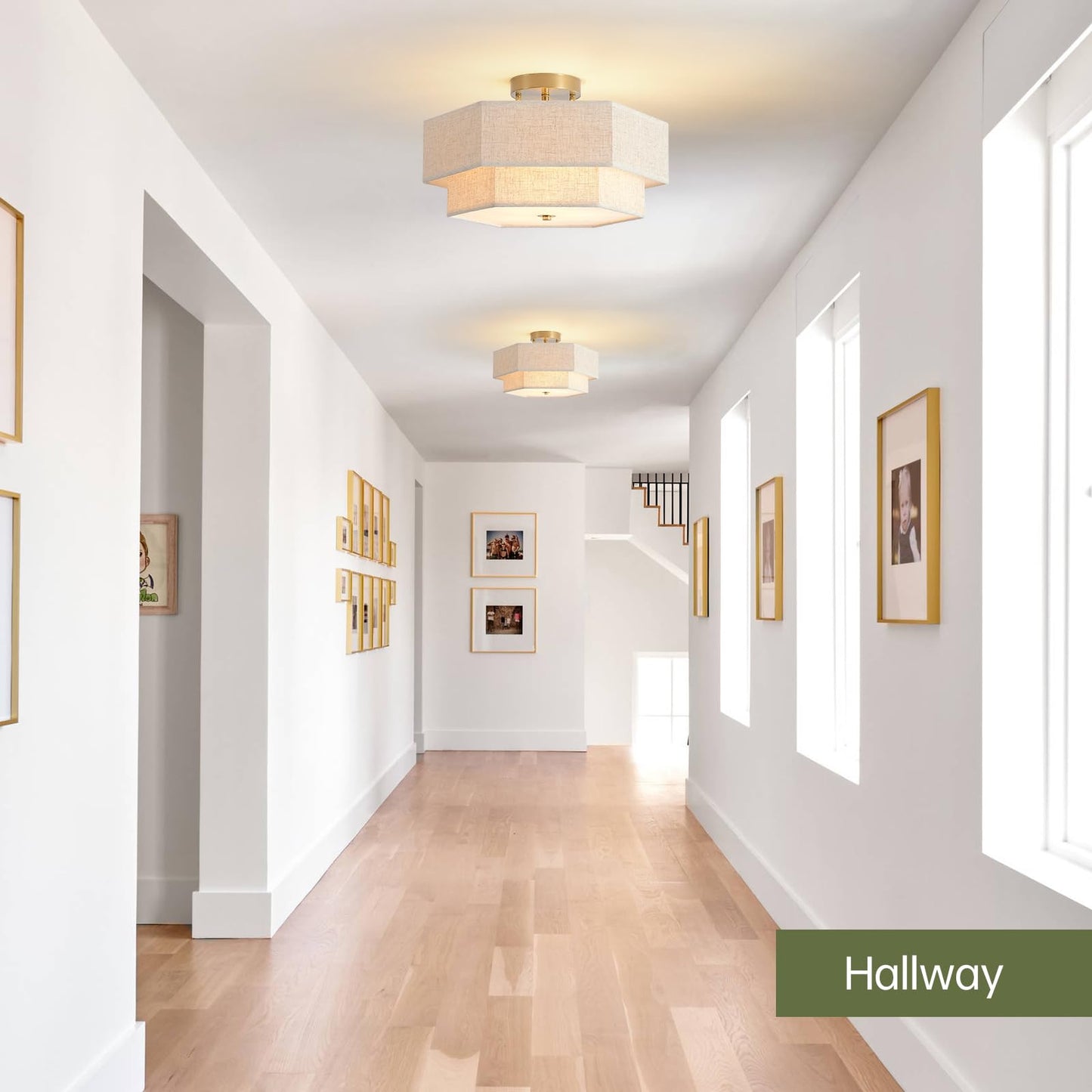 InterMaka Modern Semi Flush Mount Ceiling Light 15.7" Boho Light Fixture with Linen Shade, Double Drum 3-Light Entryway Pendant Light, Close to Ceiling Light Fixtures for Living Room Bedroom Nursery