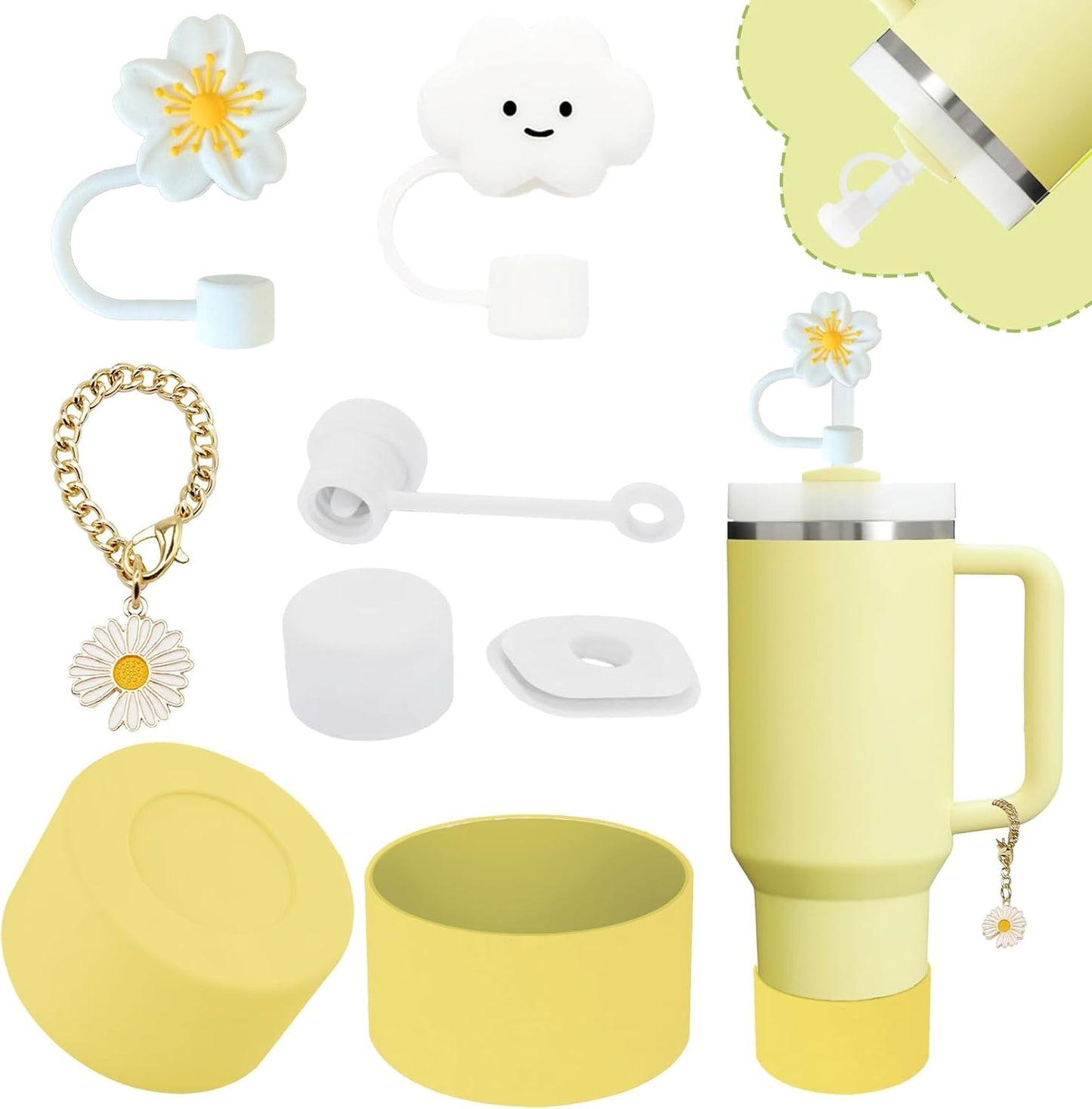 Stanley Cup Accessories Set - 2 Straw Covers, Silicone Stopper & Handle Charm | Fits 30/40 Oz Tumblers (Lemon Yellow)