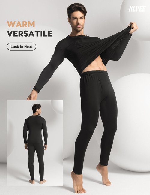 KLVEE Long Johns Thermal Underwear for Men with Fleece Lined,Base Layer Top and Bottom Set for Cold Weather Black