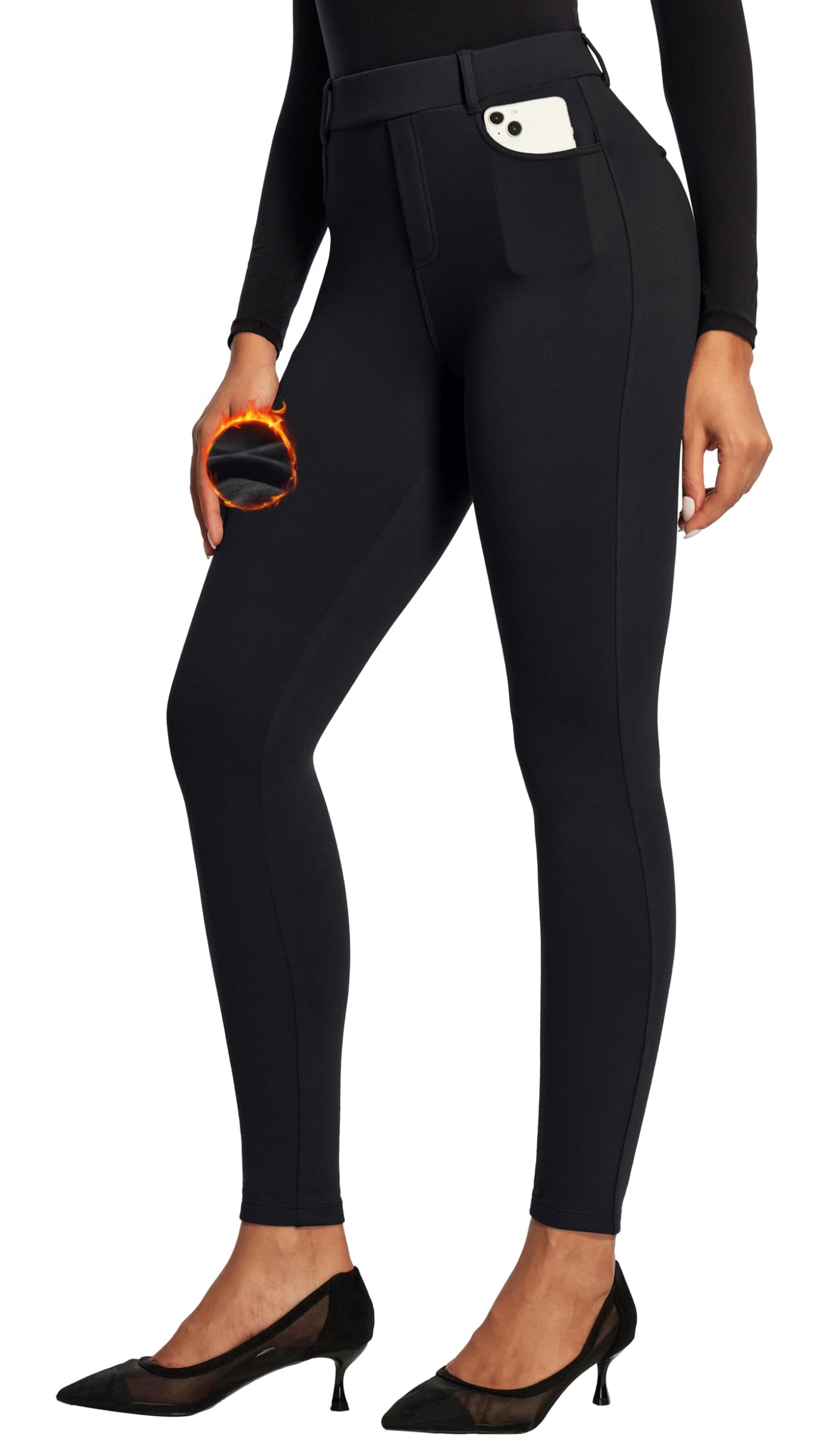 IUGA Fleece Lined Leggings for Work Pull on Thermal Dress Pants Skinny Warm High Waisted Stretchy Work Pants for Women Winter Black