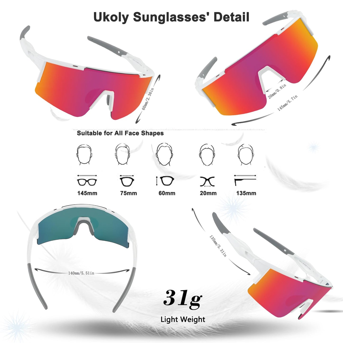 Ukoly Cycling Sunglasses for Men & Women - 3 Interchangeable Lenses, Polarized Sports Sunglasses, Baseball Style - 550 Set WR