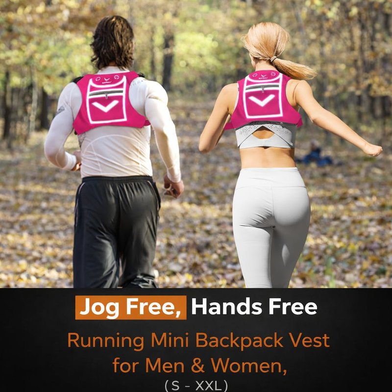 Pink Running Mini Backpack Vest for Men & Women – Reflective with 360° Hi-Viz, Holds Accessories, iPhone, Android, iPad Mini – Lightweight, Adjustable Gear for Fitness, Walking, Cycling, Hiking