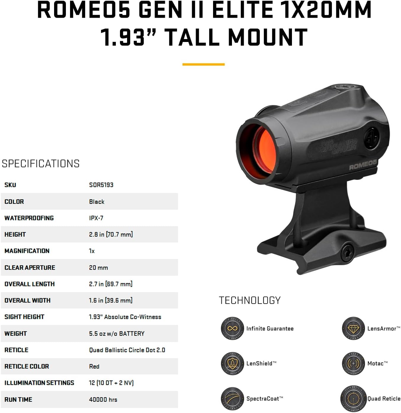 SIG SAUER ROMEO5 GEN II Red Dot Sight - 1x20mm, IPX-7 Waterproof, Multi-Coated Lens, 12 Settings