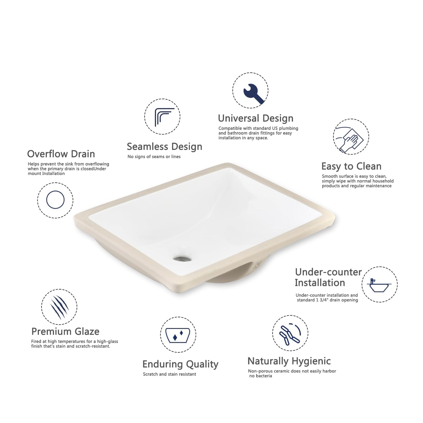 EQLOO Rectangular Undermount Bathroom Sink - 20 X 15 inch Vessel Sink,Undermount Bathroom Sink Rectangle, White Ceramic Lavatory Vanity Basin with Overflow